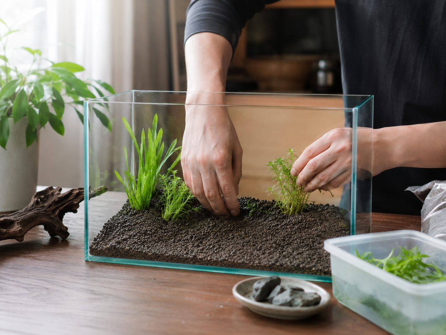 水槽に底砂を敷いてセットアップしている手元のイメージ