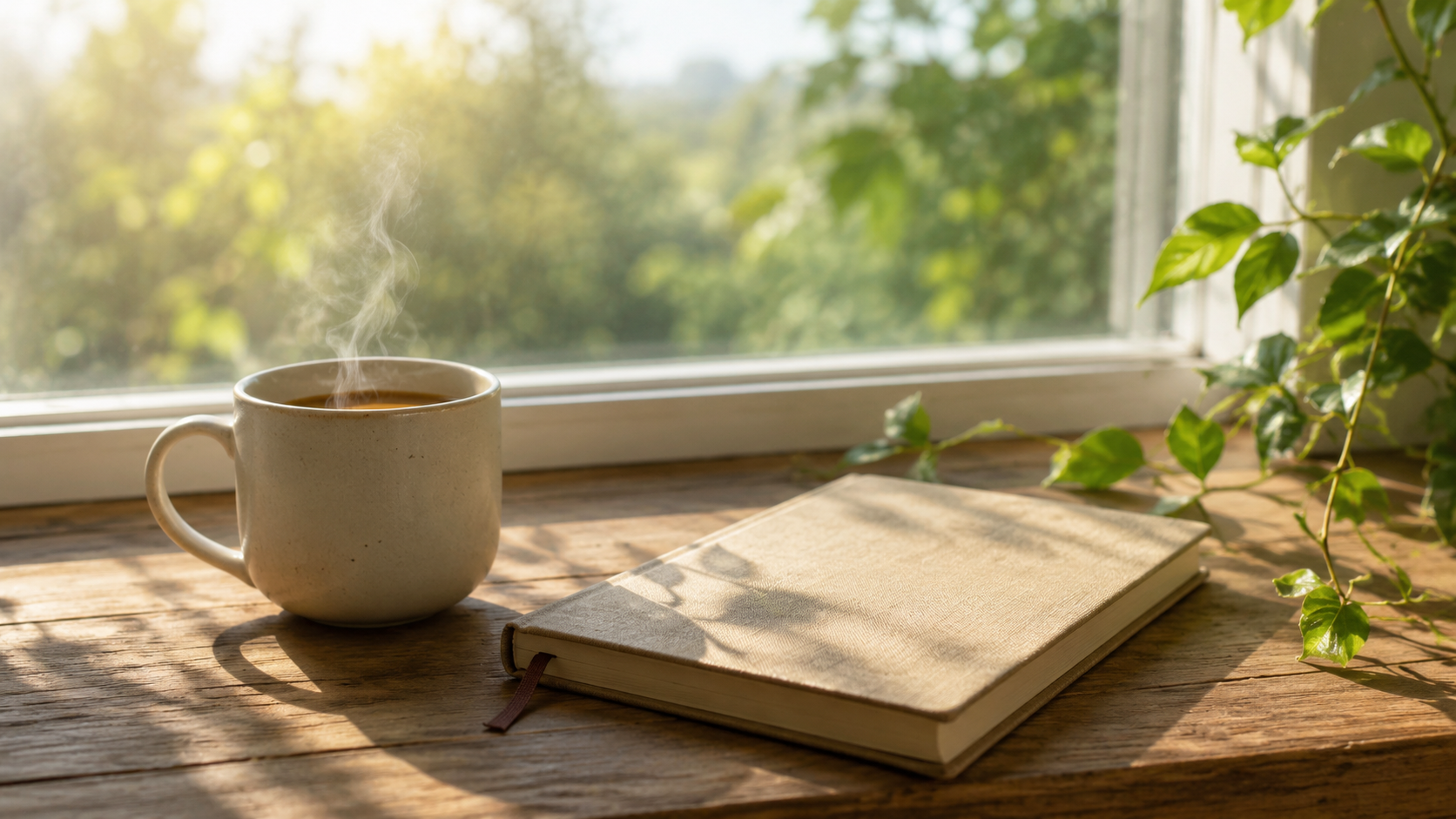 朝の窓辺にコーヒーとノートが並んでいる静かなイメージ