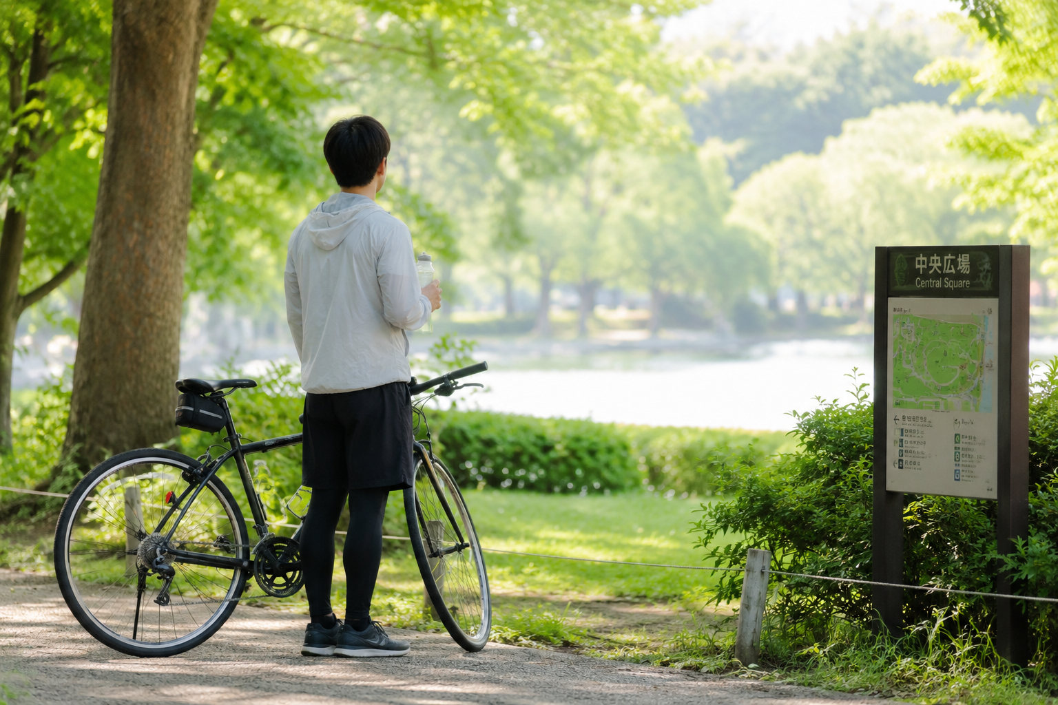 公園の近くで自転車を停めてのんびりしているイメージ