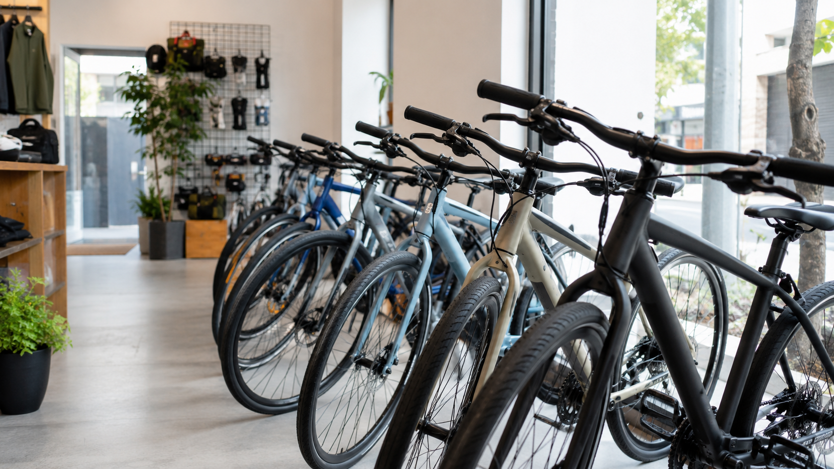 クロスバイクが並んだ自転車専門店のイメージ