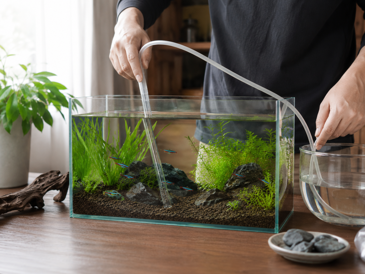 水槽の水換えをしている手元のイメージ