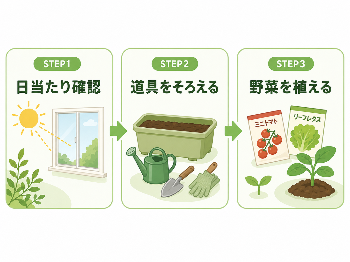 ベランダ菜園を始める3つのステップ：日当たり確認・道具を揃える・野菜を植える