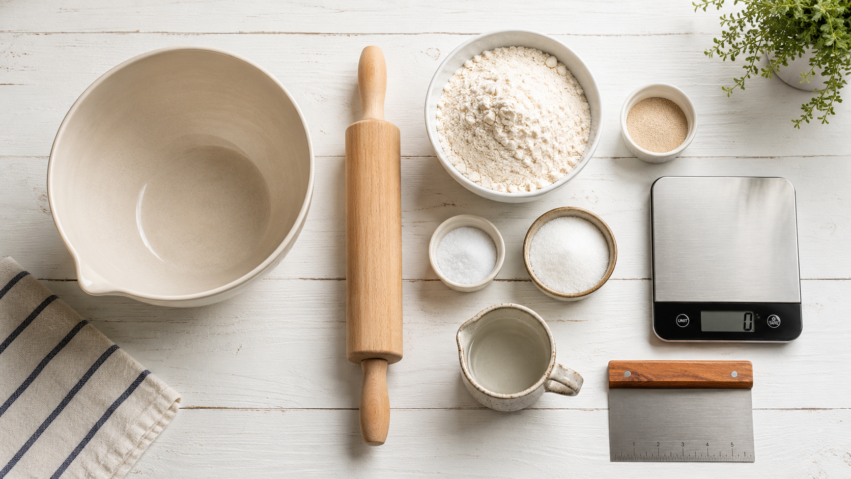 パン作りに必要な道具が並んでいるイメージ