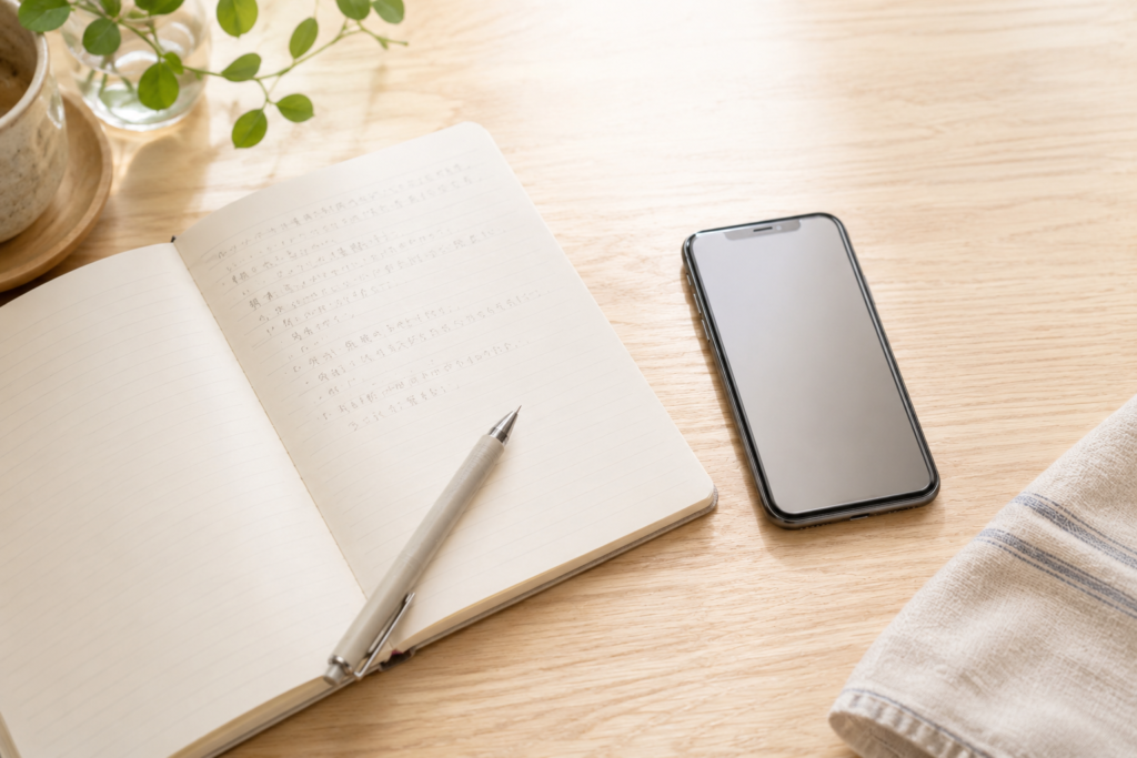 手書きノートとスマホアプリを並べた比較イメージ
