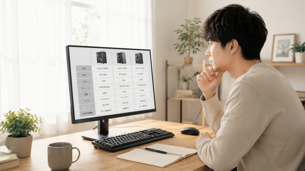 パソコンのスペック表を見ながら考えている様子