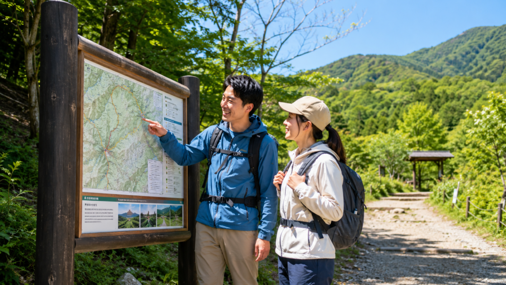 登山初心者の2人が登山口の案内板の前で地図を見ている様子