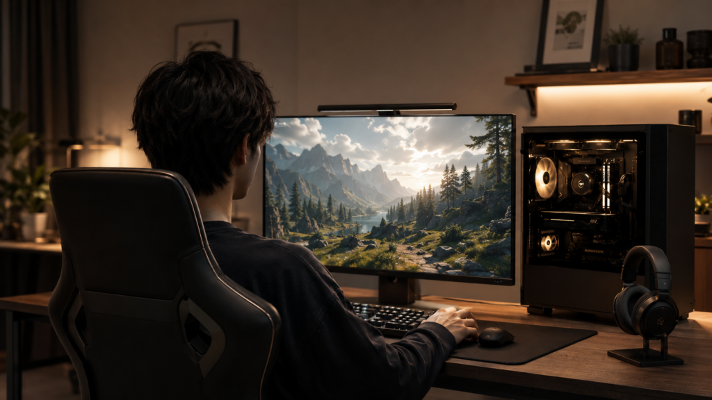 モニターに表示されたゲーム画面を見つめている様子