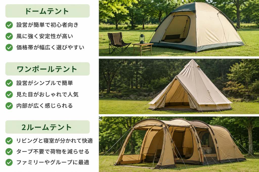 テントの種類比較：ドームテント・ワンポールテント・2ルームテント